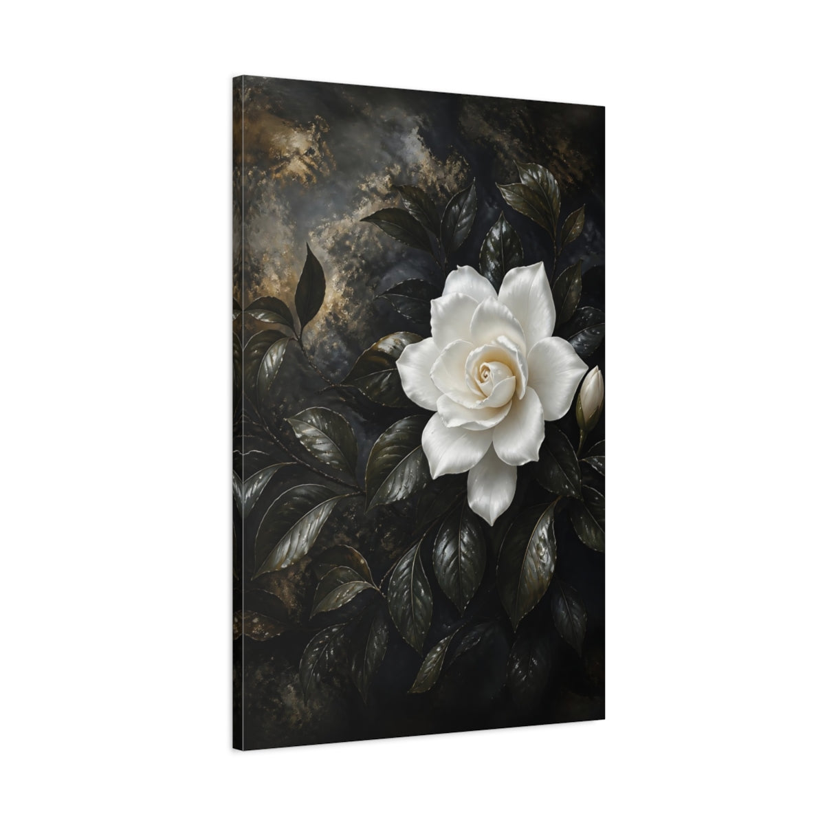 Main Mockup. Floral White Gardenia White Gardenia shown as stretched canvas wall art