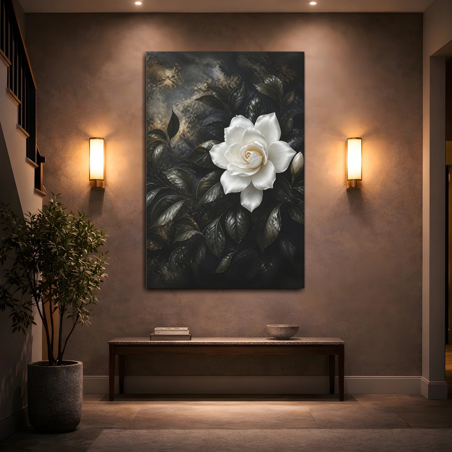 Mockup 2. Floral White Gardenia White Gardenia shown as stretched canvas wall art