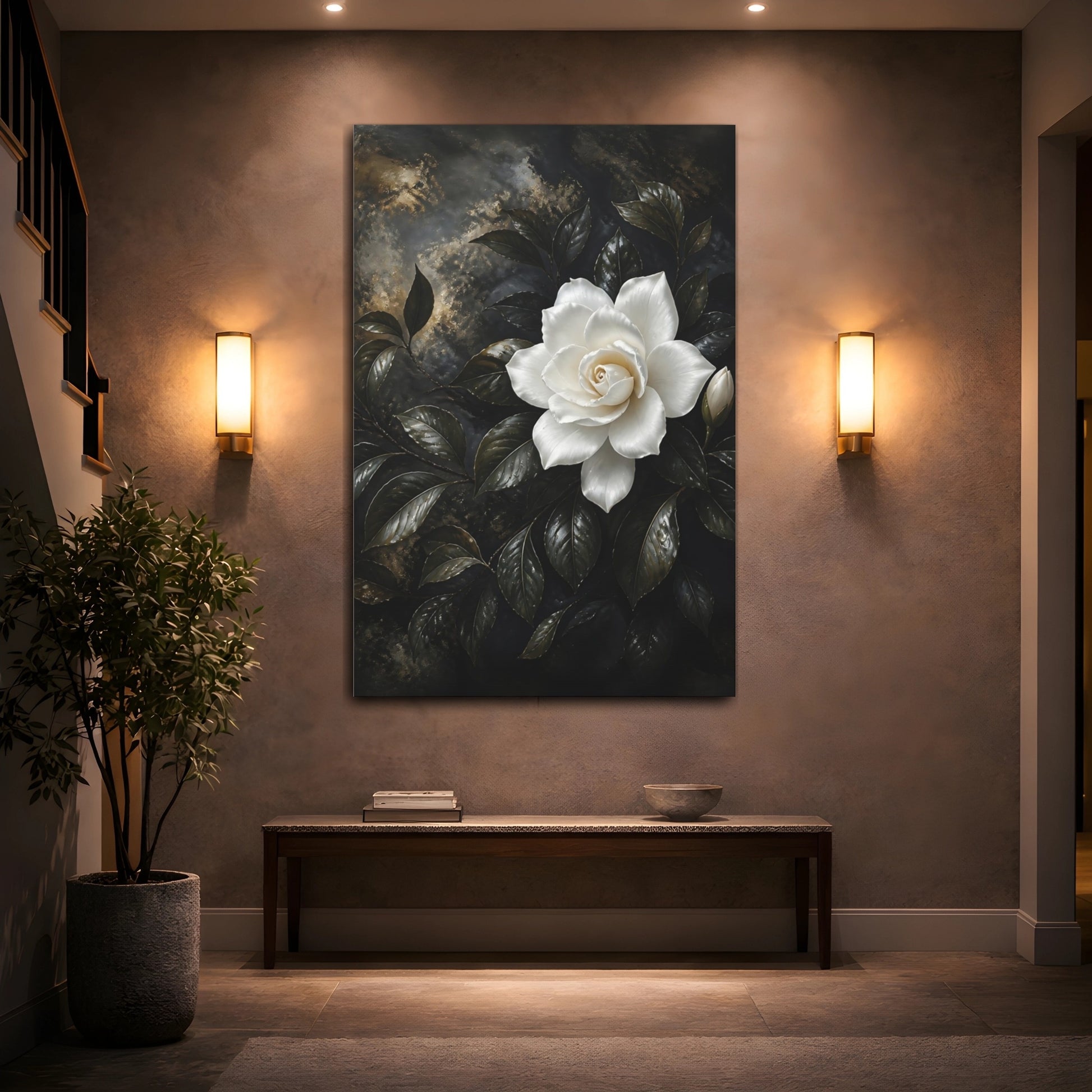 Mockup 2. Floral White Gardenia White Gardenia shown as stretched canvas wall art
