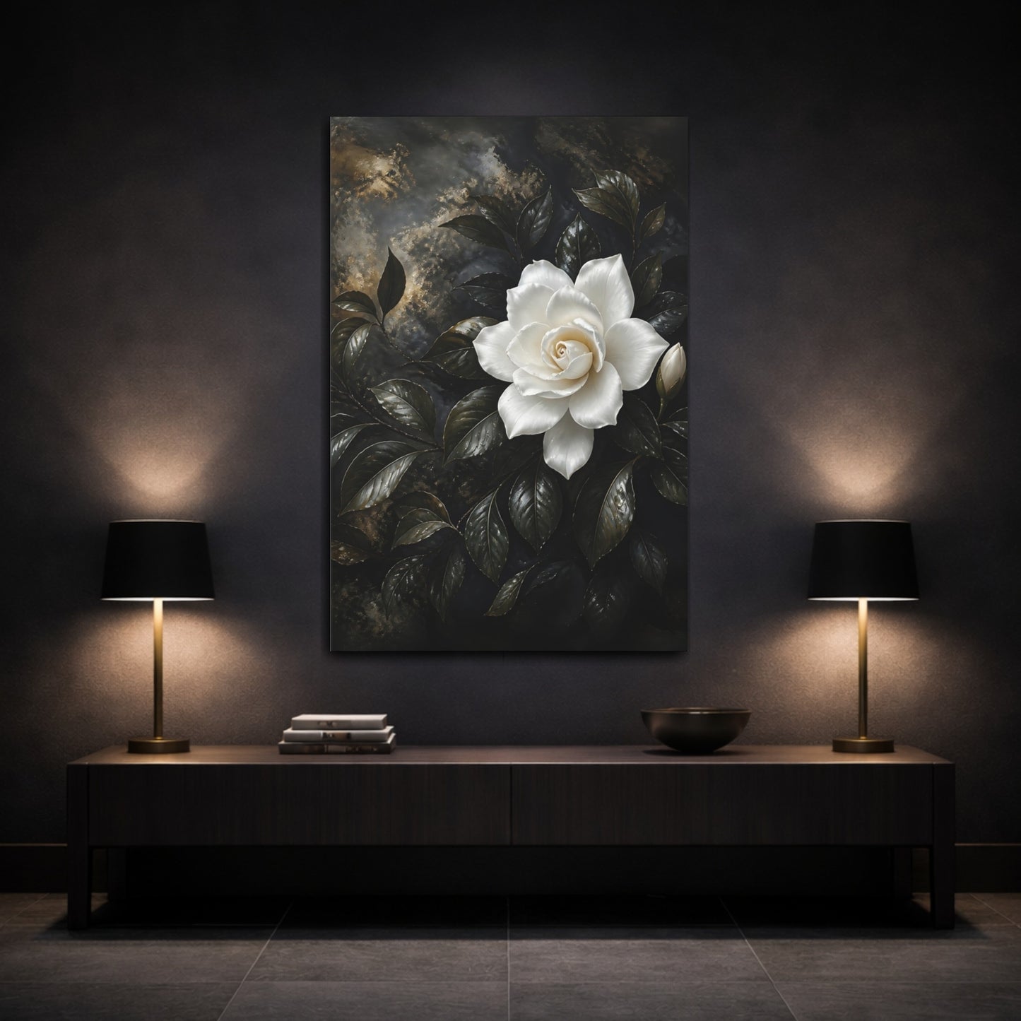Mockup 3. Floral White Gardenia White Gardenia shown as stretched canvas wall art