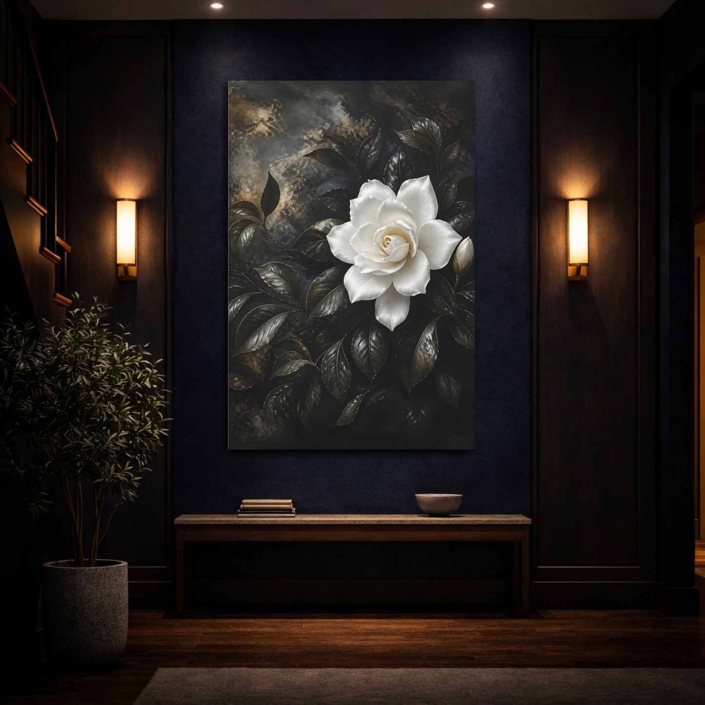 Mockup 4. Floral White Gardenia White Gardenia shown as stretched canvas wall art