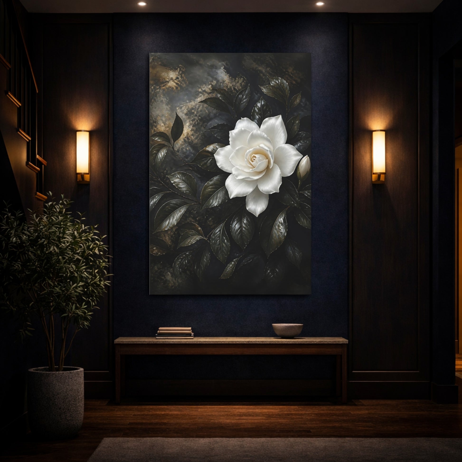 Mockup 4. Floral White Gardenia White Gardenia shown as stretched canvas wall art