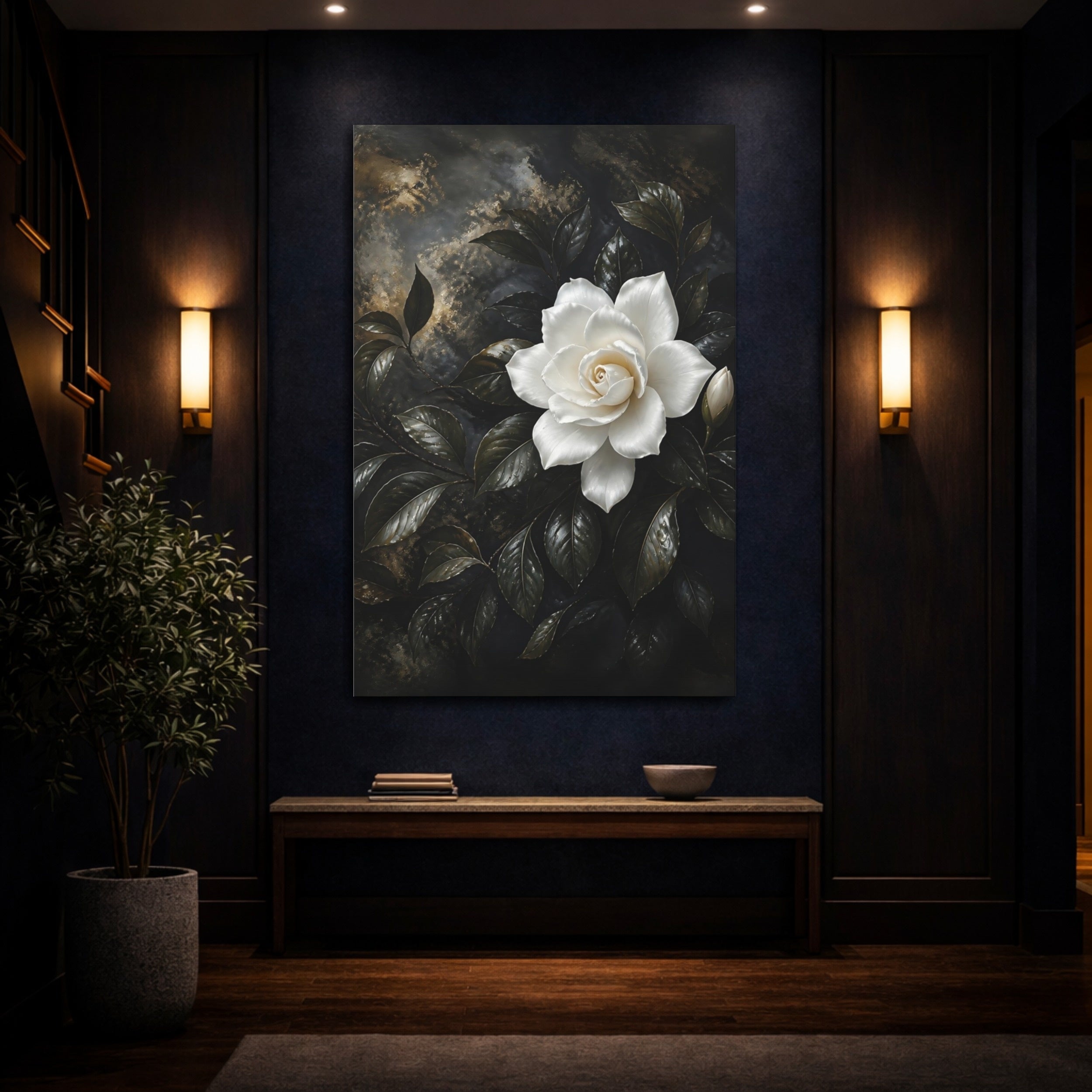 Mockup 4. Floral White Gardenia White Gardenia shown as stretched canvas wall art