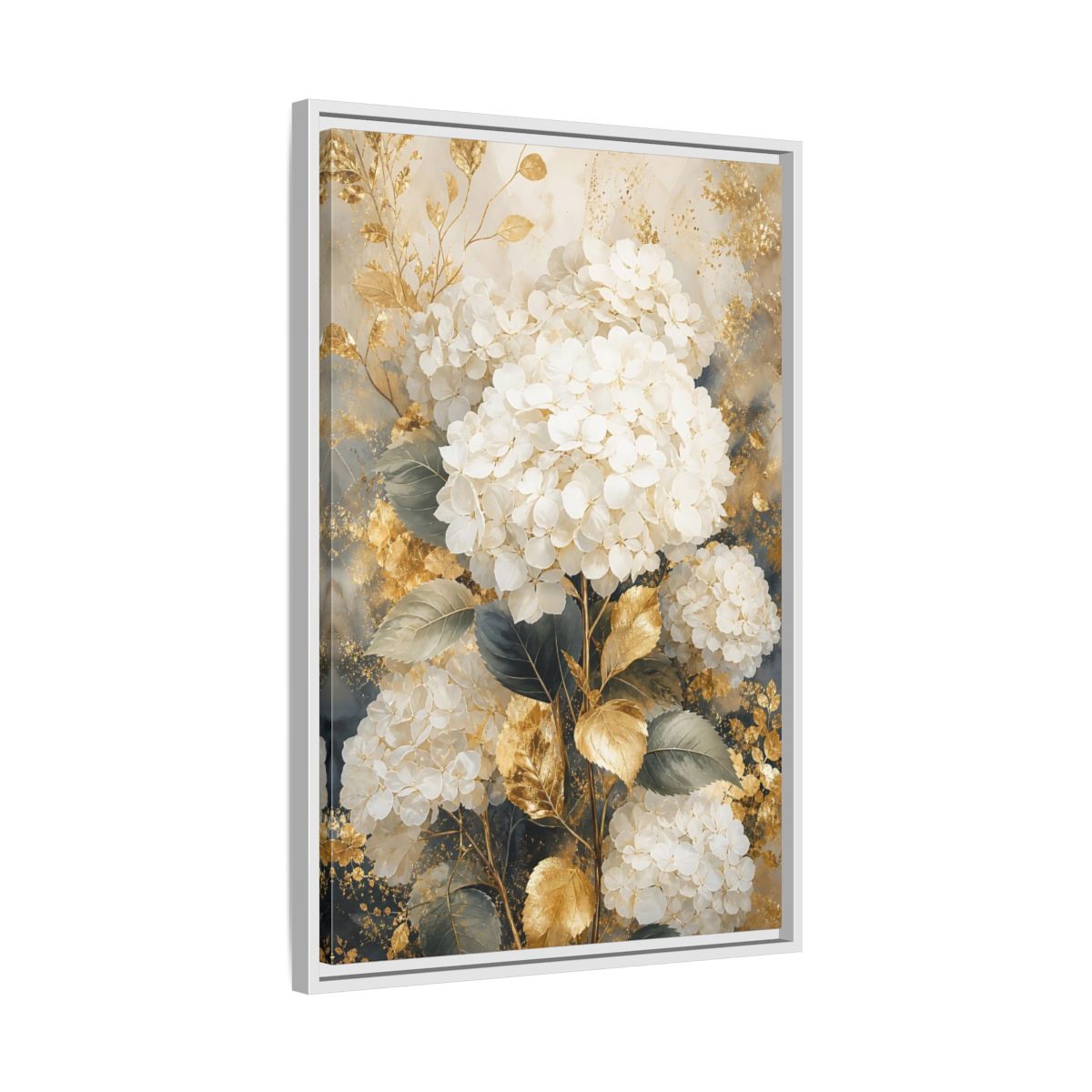 Floral White Hydrangeas and Gold Framed Canvas Wall Art - Living Room Decor Above Couch shown as canvas wall art