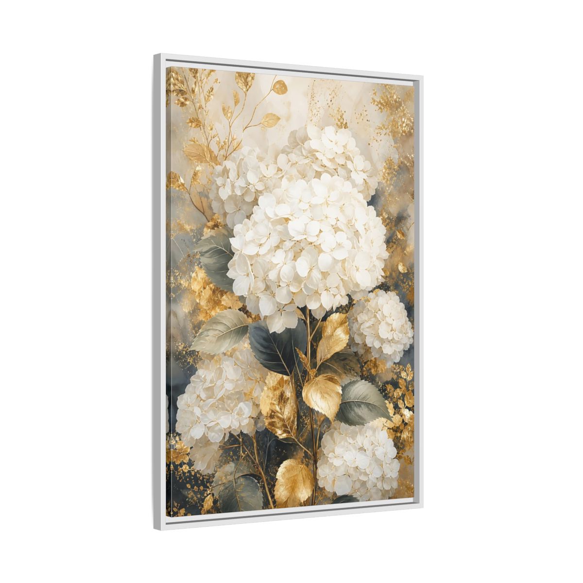 Floral White Hydrangeas and Gold Framed Canvas Wall Art - Living Room Decor Above Couch shown as canvas wall art