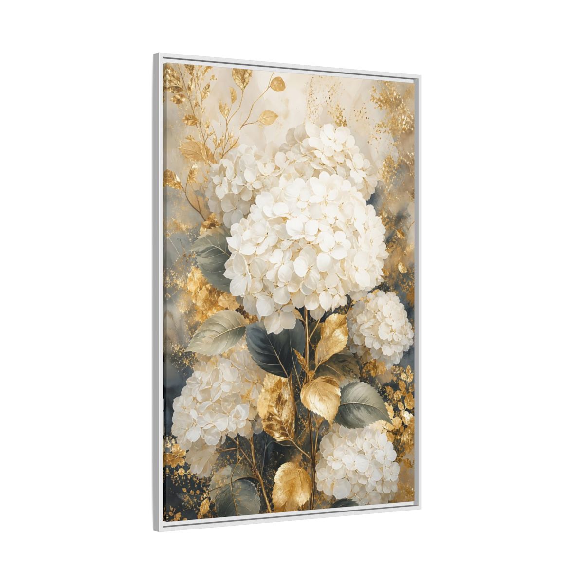 Floral White Hydrangeas and Gold Framed Canvas Wall Art - Living Room Decor Above Couch shown as canvas wall art