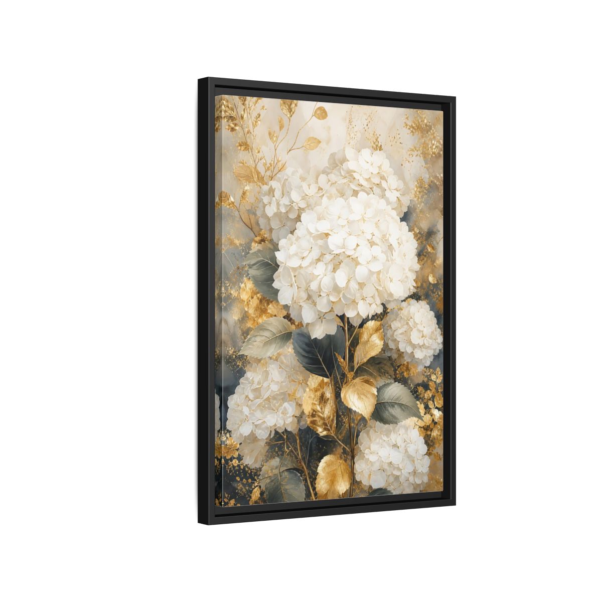 Floral White Hydrangeas and Gold Framed Canvas Wall Art - Living Room Decor Above Couch shown as canvas wall art