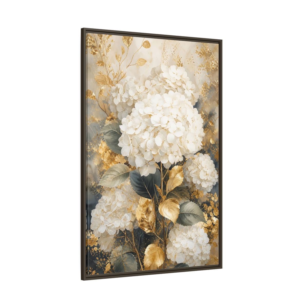 Floral White Hydrangeas and Gold Framed Canvas Wall Art - Living Room Decor Above Couch shown as canvas wall art