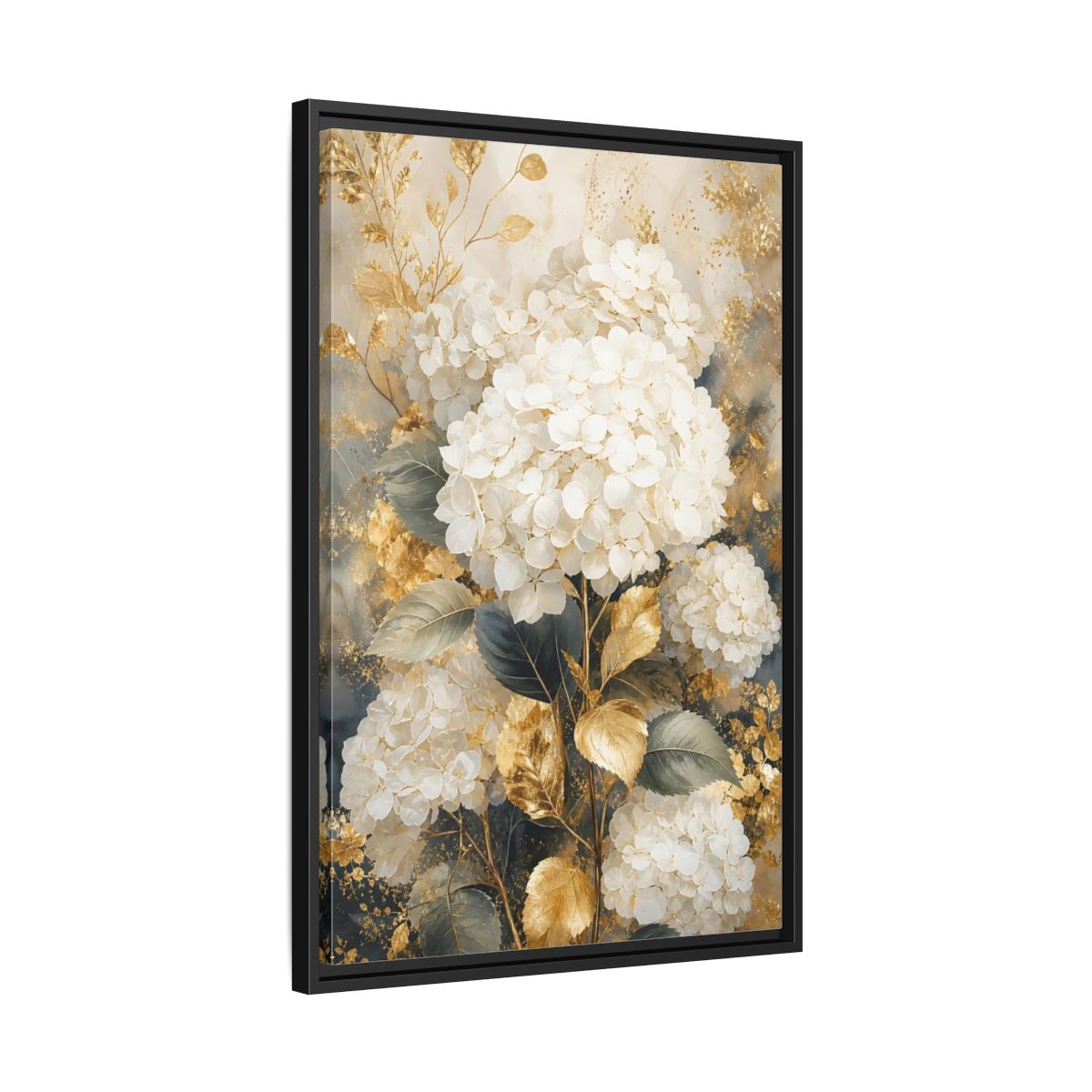 Floral White Hydrangeas and Gold Framed Canvas Wall Art - Living Room Decor Above Couch shown as canvas wall art