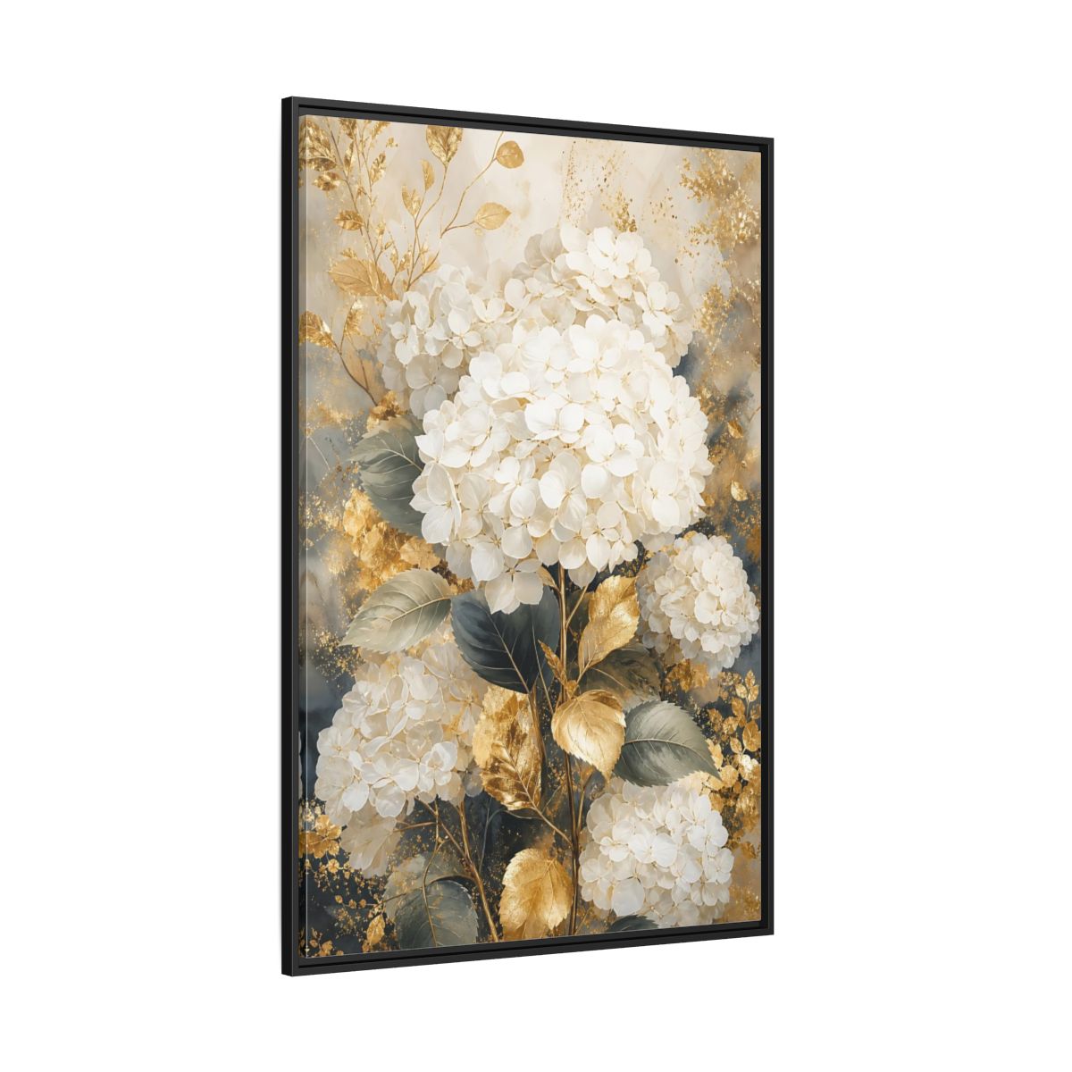 Floral White Hydrangeas and Gold Framed Canvas Wall Art - Living Room Decor Above Couch shown as canvas wall art