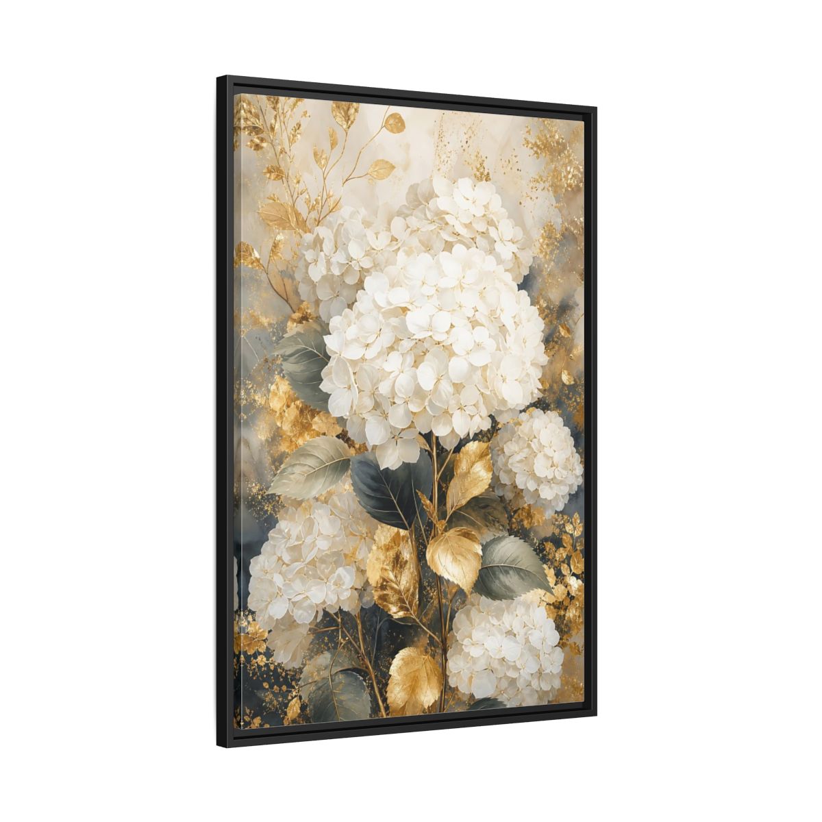 Floral White Hydrangeas and Gold Framed Canvas Wall Art - Living Room Decor Above Couch shown as canvas wall art