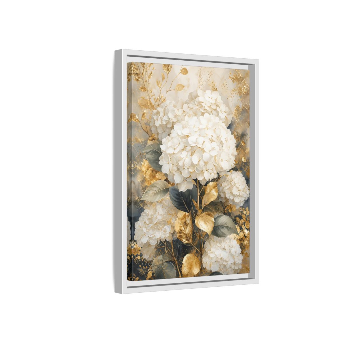 Floral White Hydrangeas and Gold Framed Canvas Wall Art - Living Room Decor Above Couch shown as canvas wall art