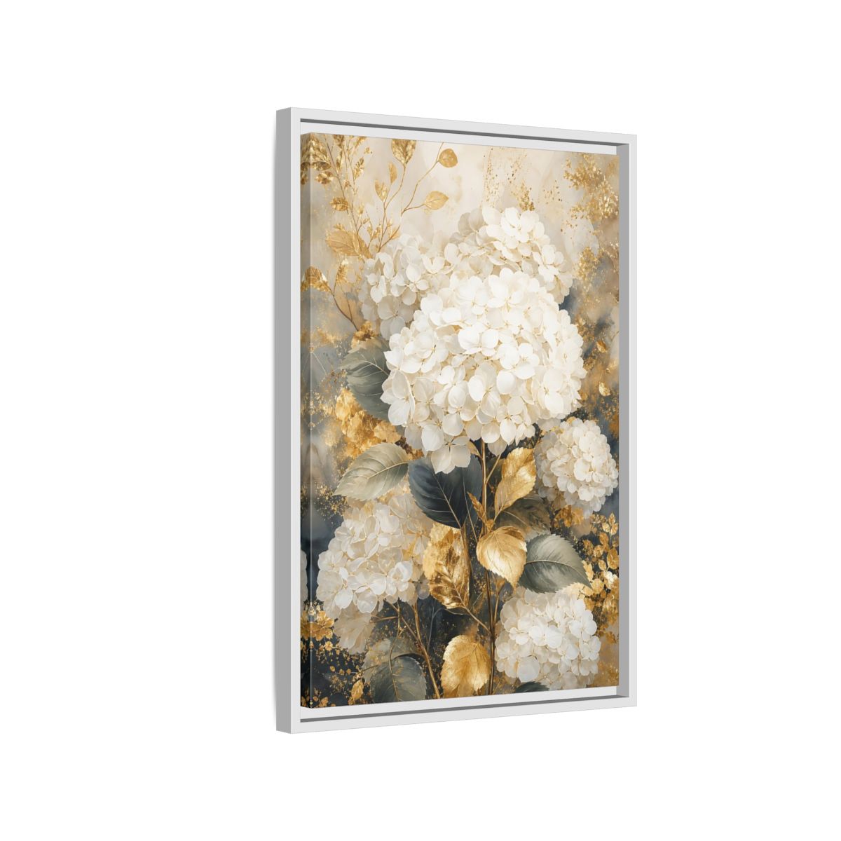 Floral White Hydrangeas and Gold Framed Canvas Wall Art - Living Room Decor Above Couch shown as canvas wall art