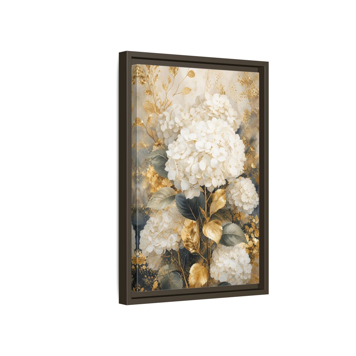 Floral White Hydrangeas and Gold Framed Canvas Wall Art - Living Room Decor Above Couch shown as canvas wall art