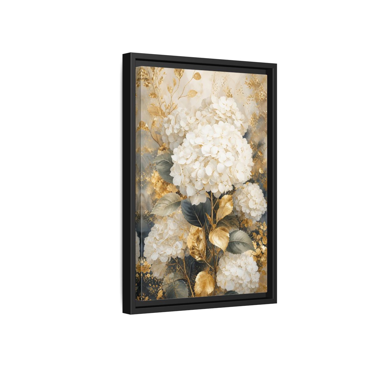 Floral White Hydrangeas and Gold Framed Canvas Wall Art - Living Room Decor Above Couch shown as canvas wall art