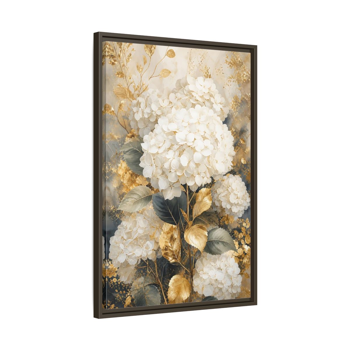 Floral White Hydrangeas and Gold Framed Canvas Wall Art - Living Room Decor Above Couch shown as canvas wall art
