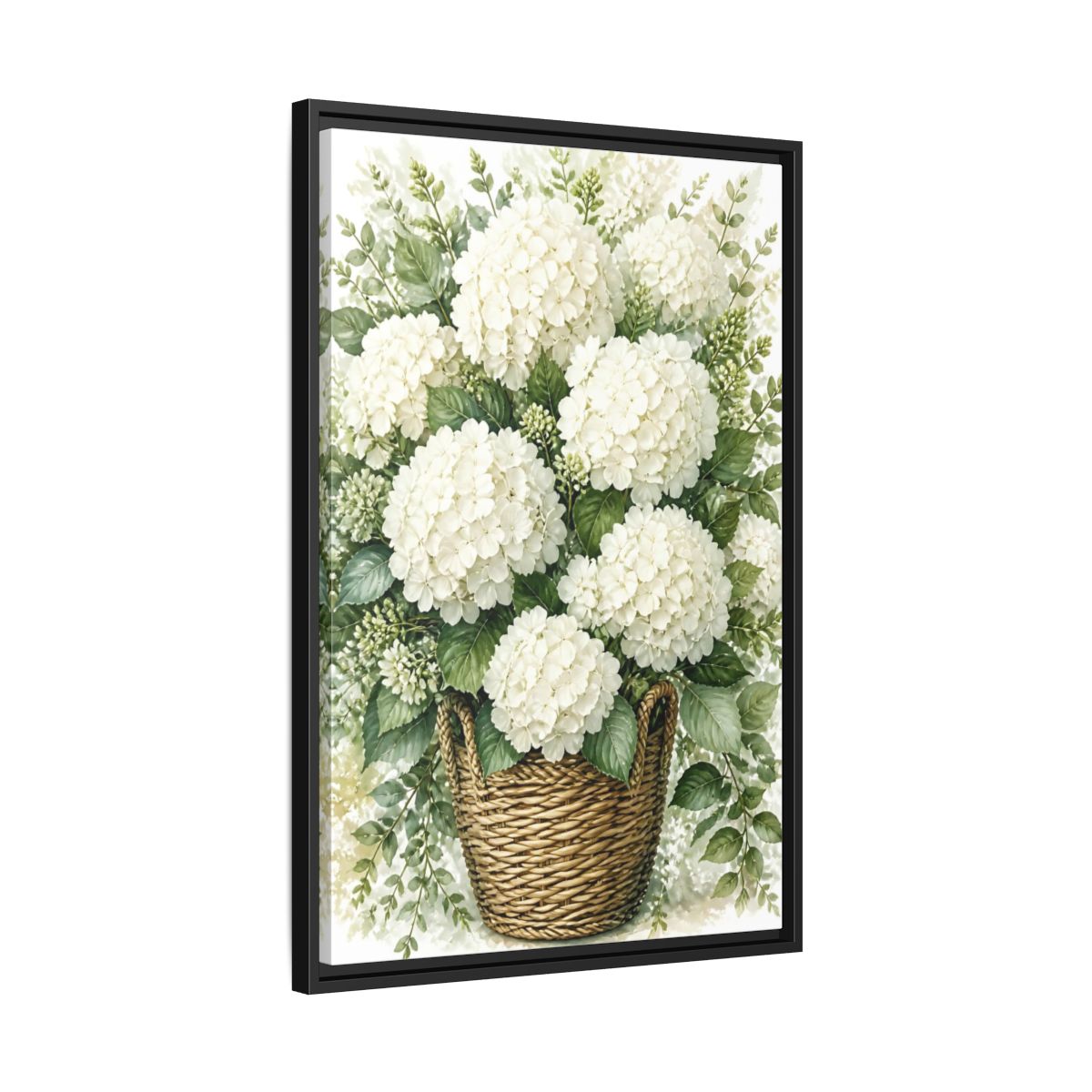 Side Mockup 14. Floral White Hydrangeas White Floral Basket shown as stretched canvas wall art