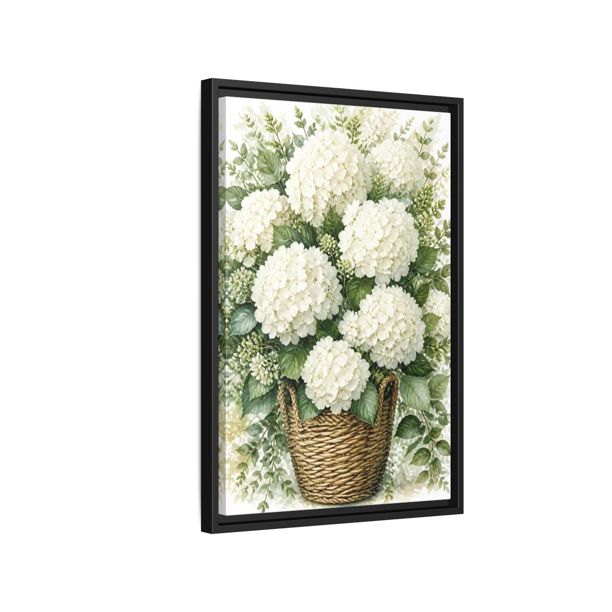 Side Mockup 3. Floral White Hydrangeas White Floral Basket shown as stretched canvas wall art