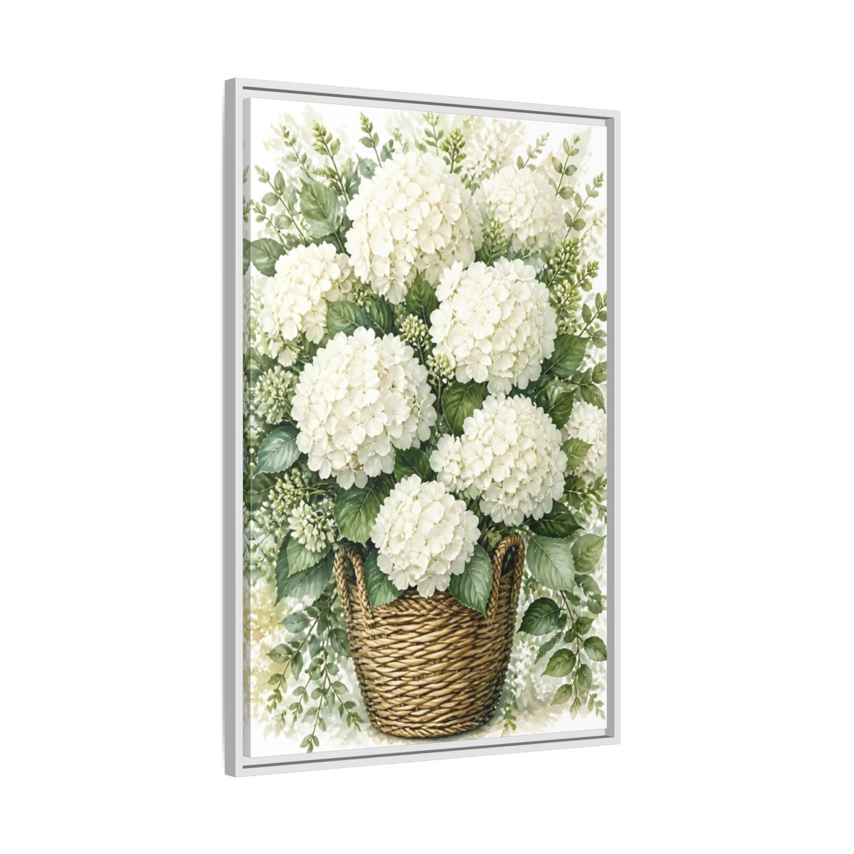 Side Mockup 9. Floral White Hydrangeas White Floral Basket shown as stretched canvas wall art