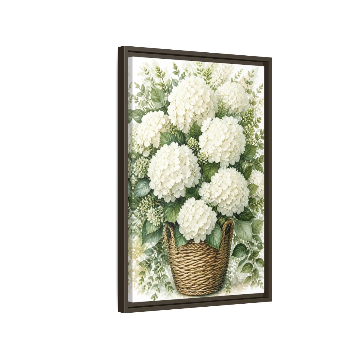 Side Mockup 2. Floral White Hydrangeas White Floral Basket shown as stretched canvas wall art