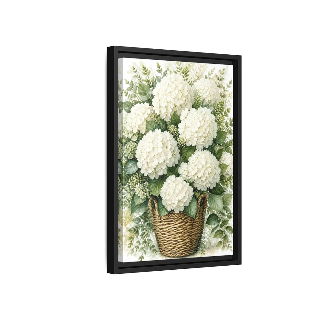 Side Mockup 6. Floral White Hydrangeas White Floral Basket shown as stretched canvas wall art