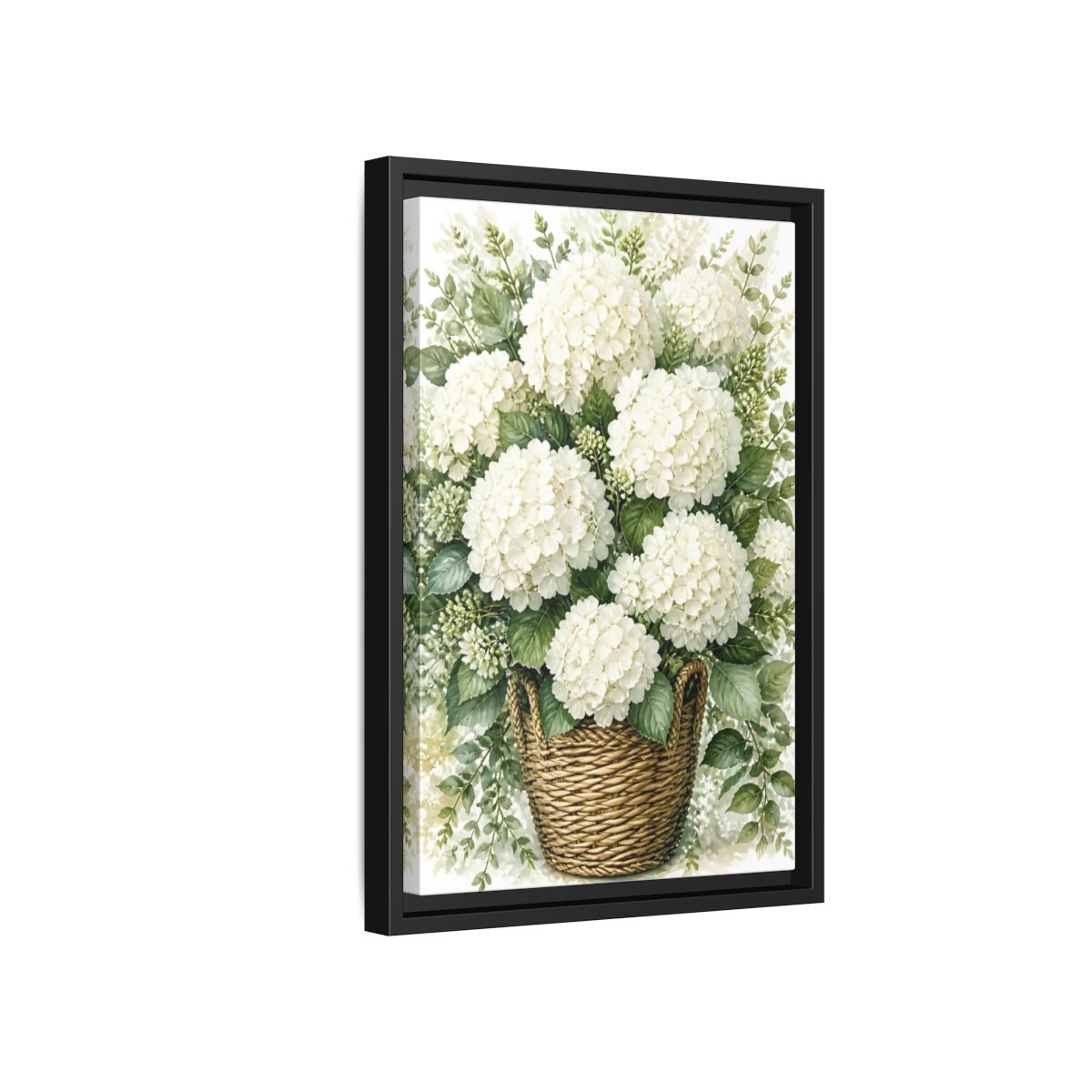 Side Mockup 6. Floral White Hydrangeas White Floral Basket shown as stretched canvas wall art
