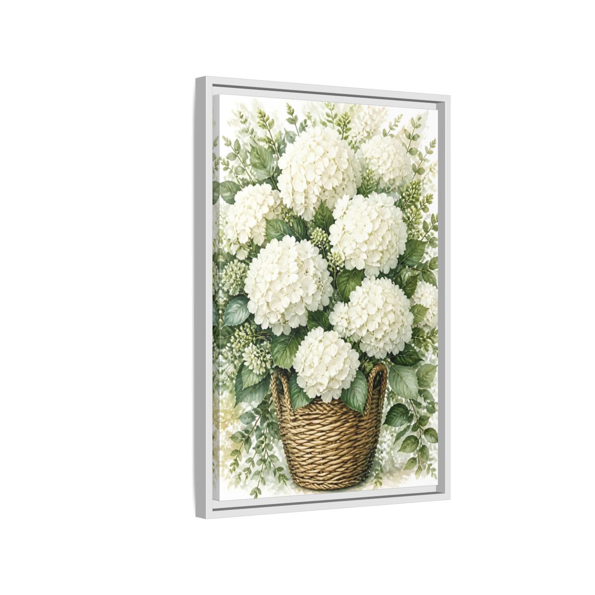 Side Mockup 1. Floral White Hydrangeas White Floral Basket shown as stretched canvas wall art