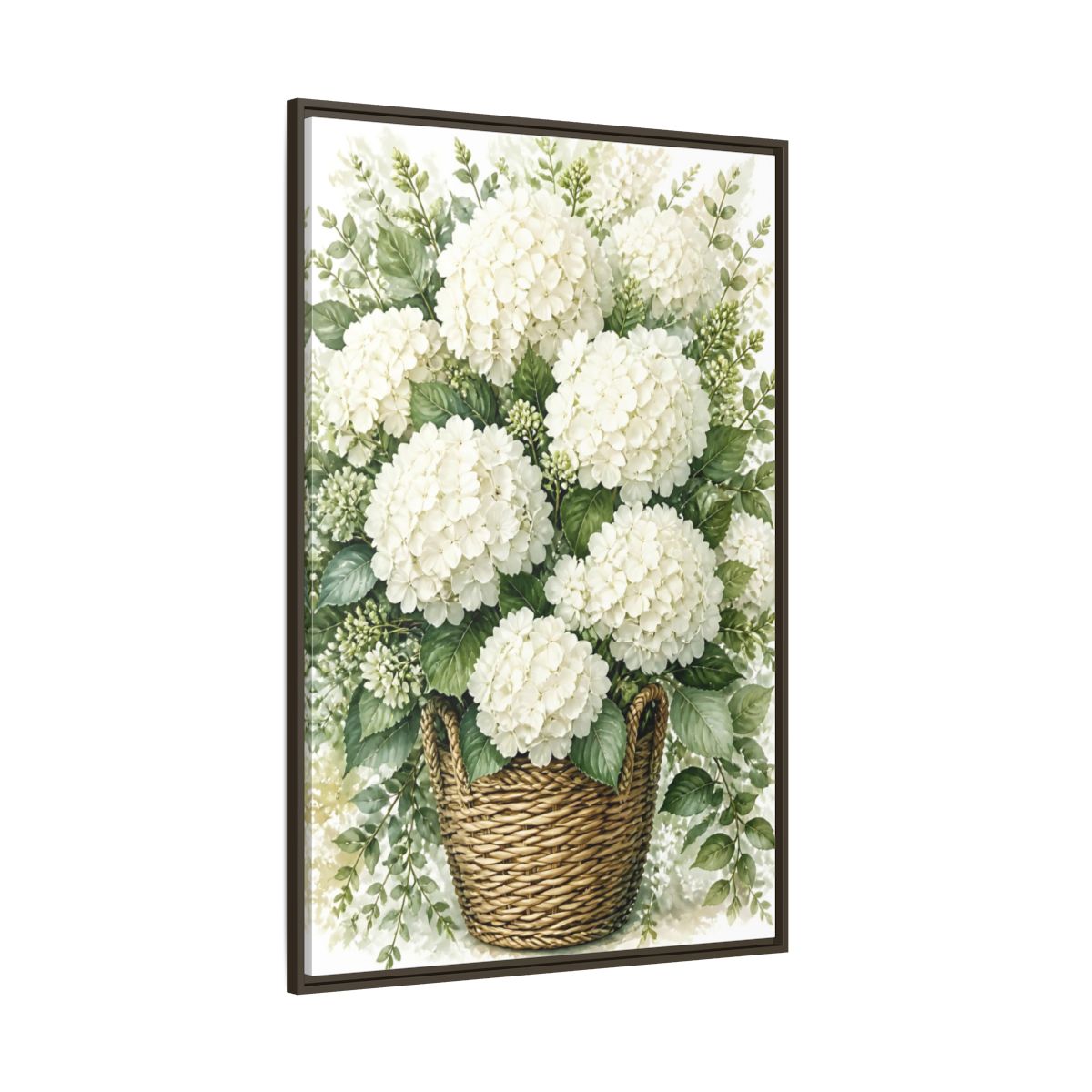 Side Mockup 8. Floral White Hydrangeas White Floral Basket shown as stretched canvas wall art