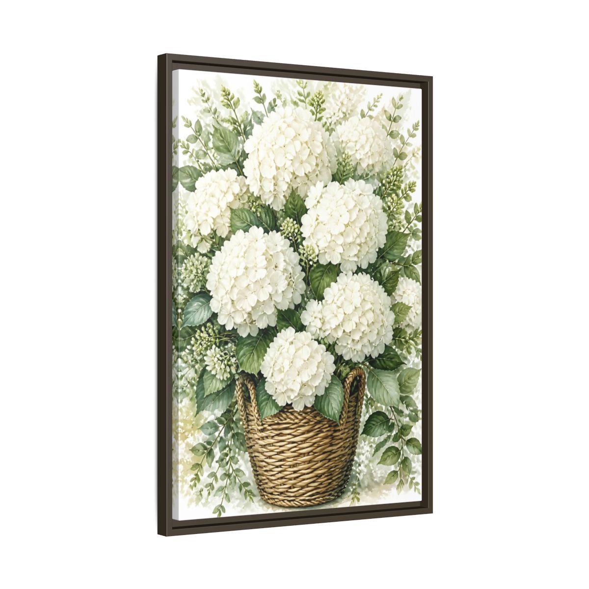 Side Mockup 11. Floral White Hydrangeas White Floral Basket shown as stretched canvas wall art