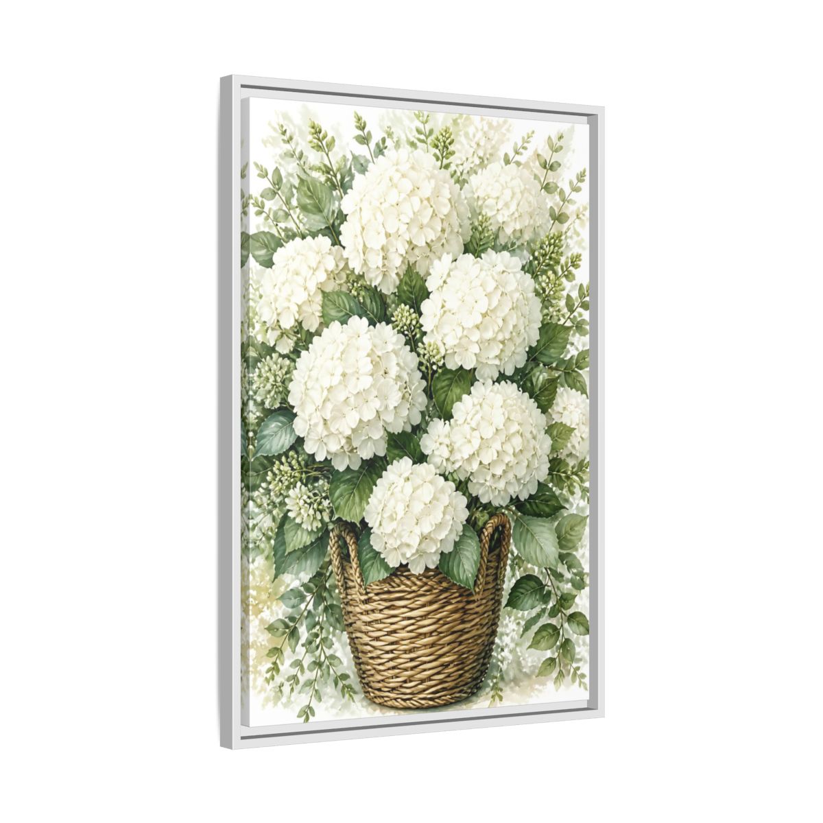 Side Mockup 10. Floral White Hydrangeas White Floral Basket shown as stretched canvas wall art