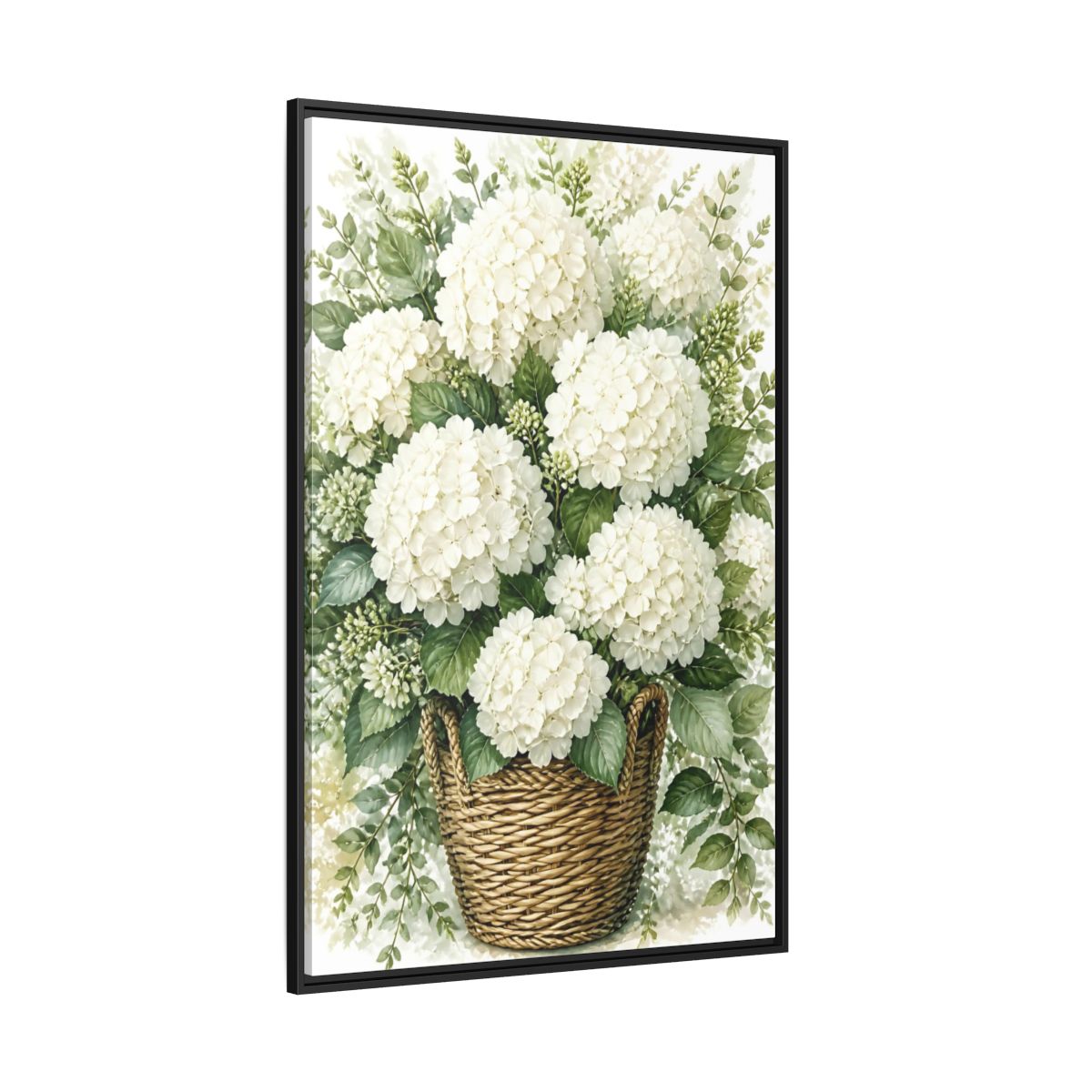 Side Mockup 12. Floral White Hydrangeas White Floral Basket shown as stretched canvas wall art