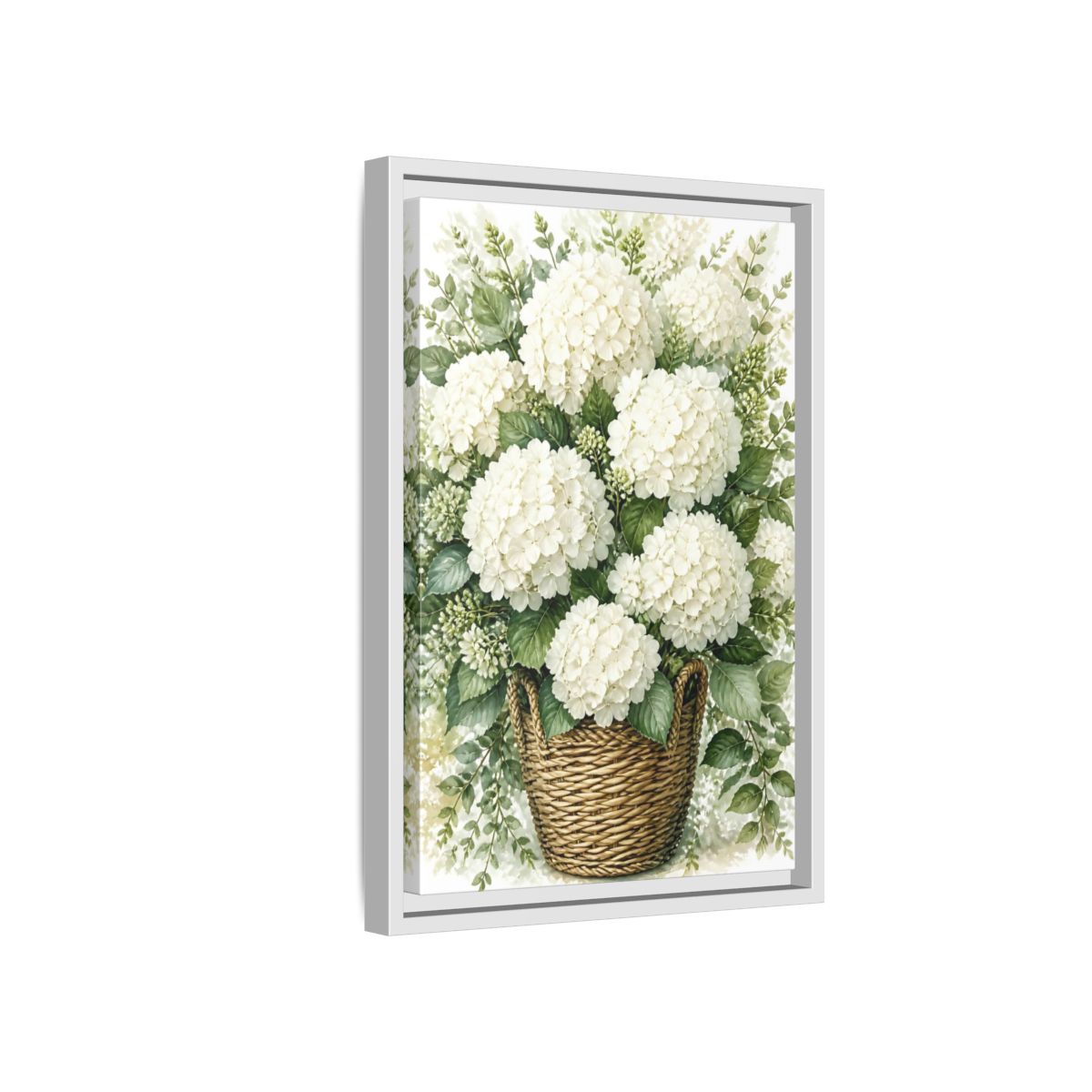 Side Mockup 4. Floral White Hydrangeas White Floral Basket shown as stretched canvas wall art