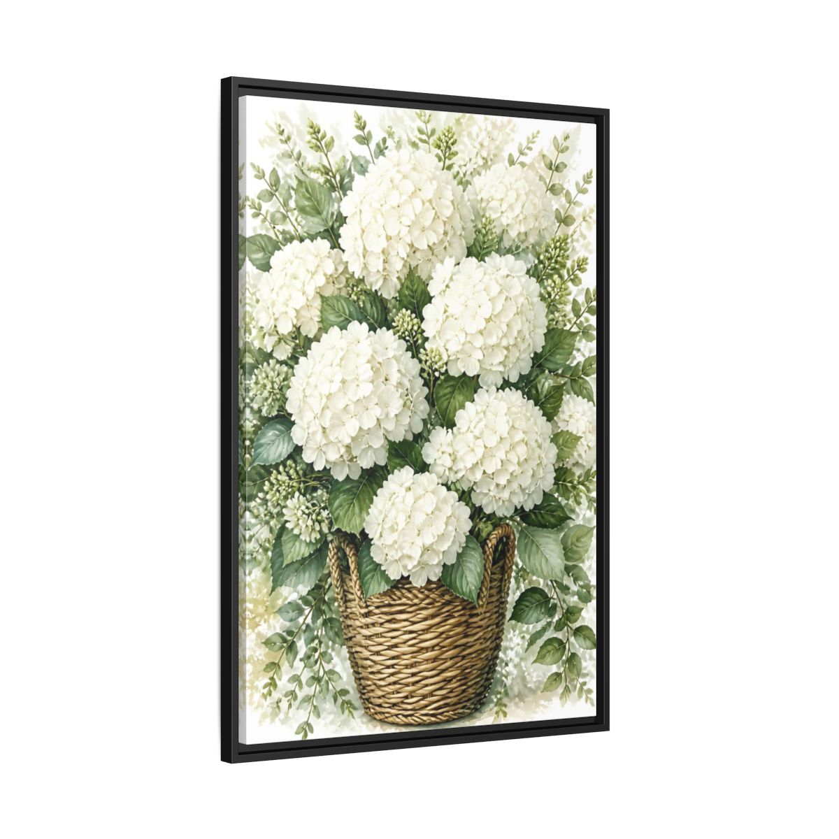 Side Mockup 13. Floral White Hydrangeas White Floral Basket shown as stretched canvas wall art