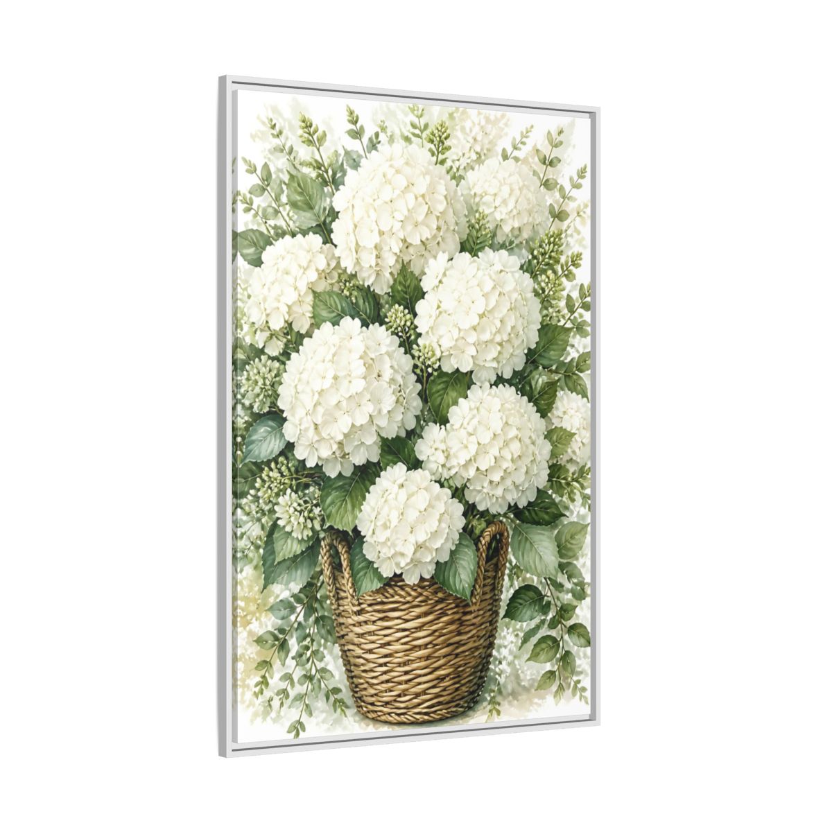 Side Mockup 7. Floral White Hydrangeas White Floral Basket shown as stretched canvas wall art