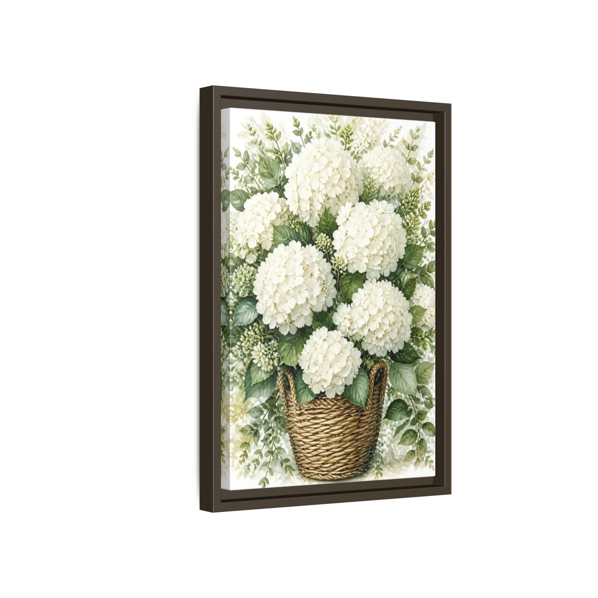 Side Mockup 5. Floral White Hydrangeas White Floral Basket shown as stretched canvas wall art