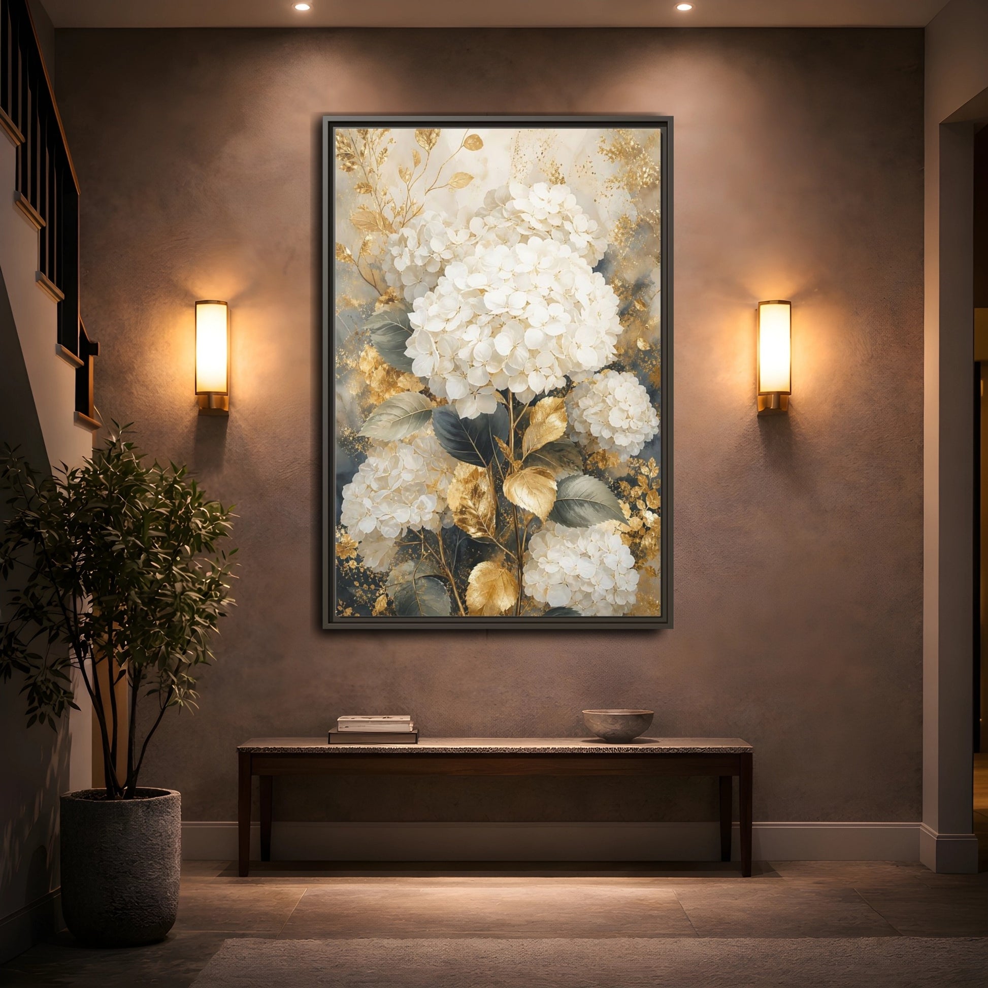 Floral White Hydrangeas and Gold Framed Canvas Wall Art - Living Room Decor Above Couch shown as canvas wall art