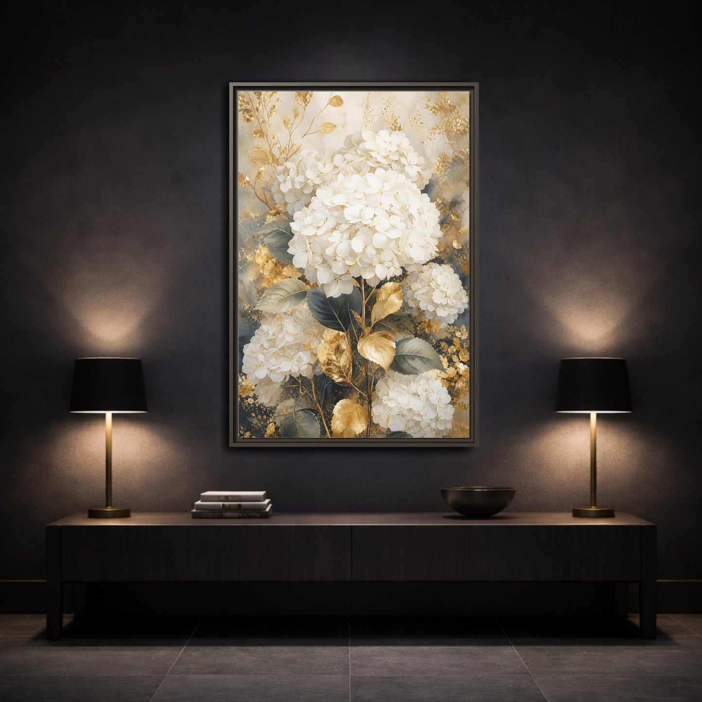 Floral White Hydrangeas and Gold Framed Canvas Wall Art - Living Room Decor Above Couch shown as canvas wall art