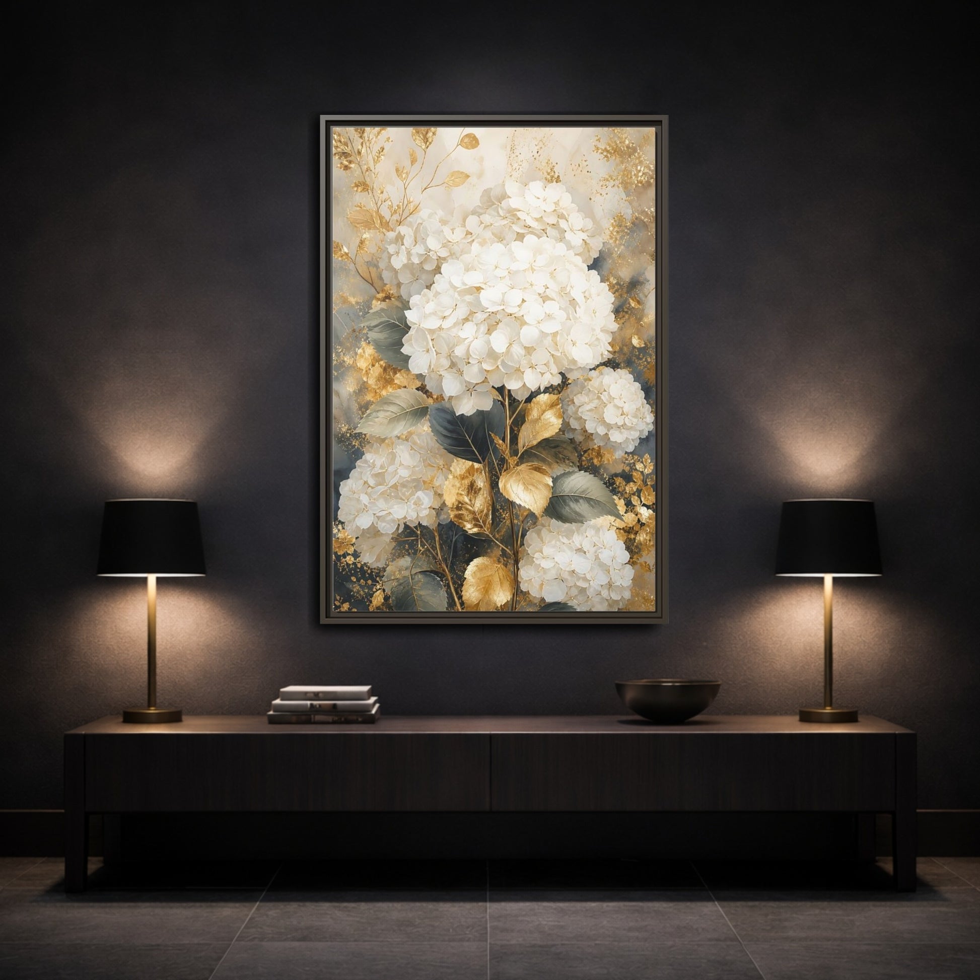 Floral White Hydrangeas and Gold Framed Canvas Wall Art - Living Room Decor Above Couch shown as canvas wall art