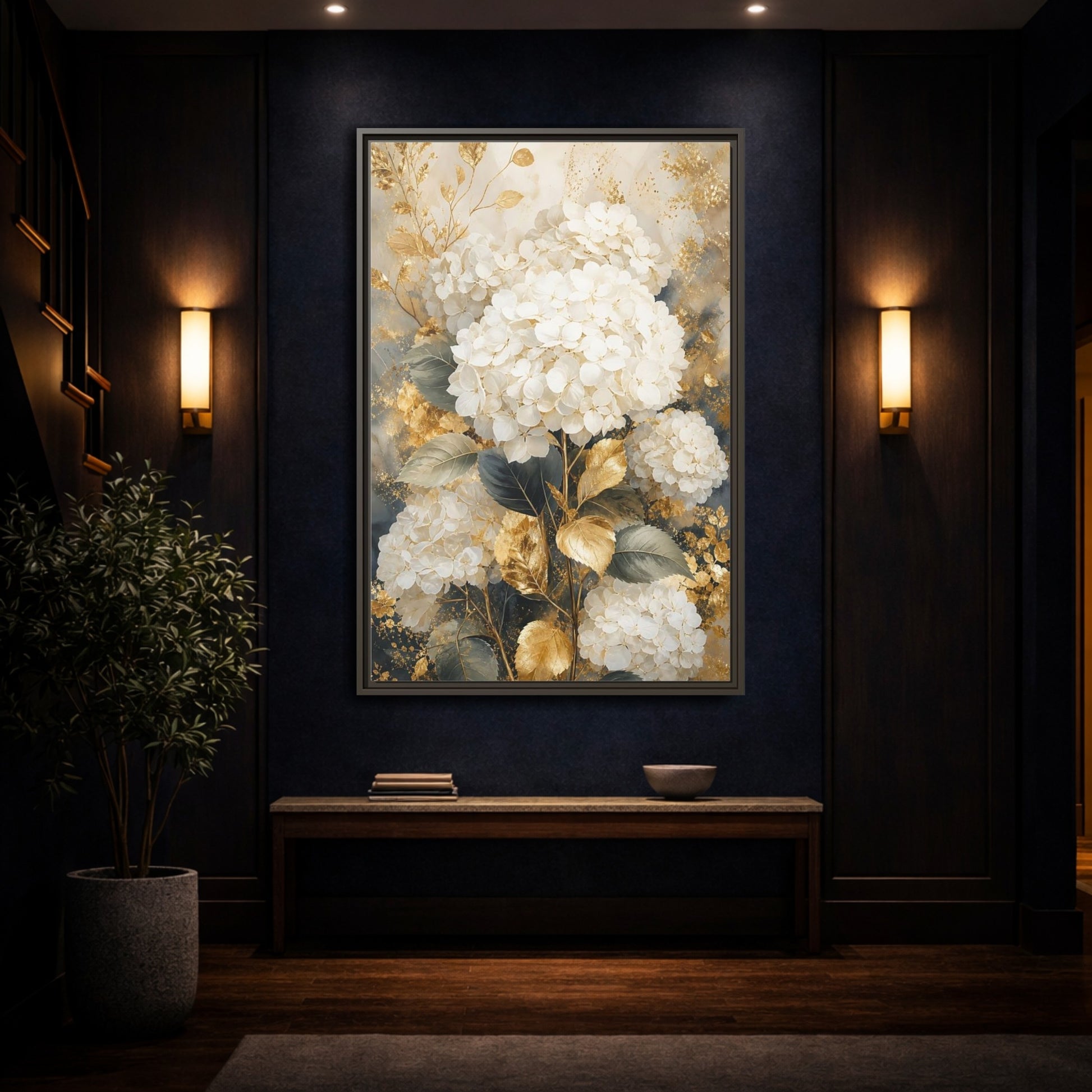 Floral White Hydrangeas and Gold Framed Canvas Wall Art - Living Room Decor Above Couch shown as canvas wall art