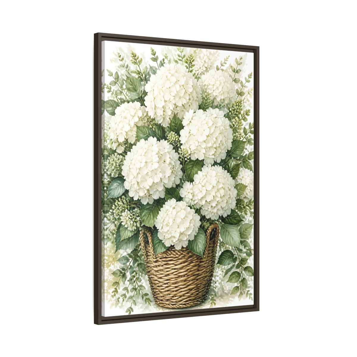 Main Mockup. Floral White Hydrangeas White Floral Basket shown as stretched canvas wall art