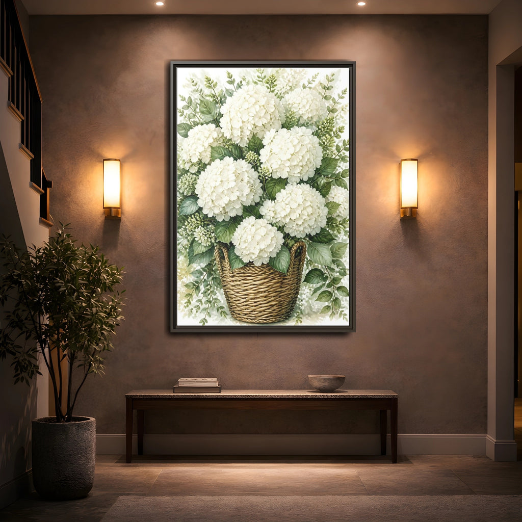 Mockup 2. Floral White Hydrangeas White Floral Basket shown as stretched canvas wall art