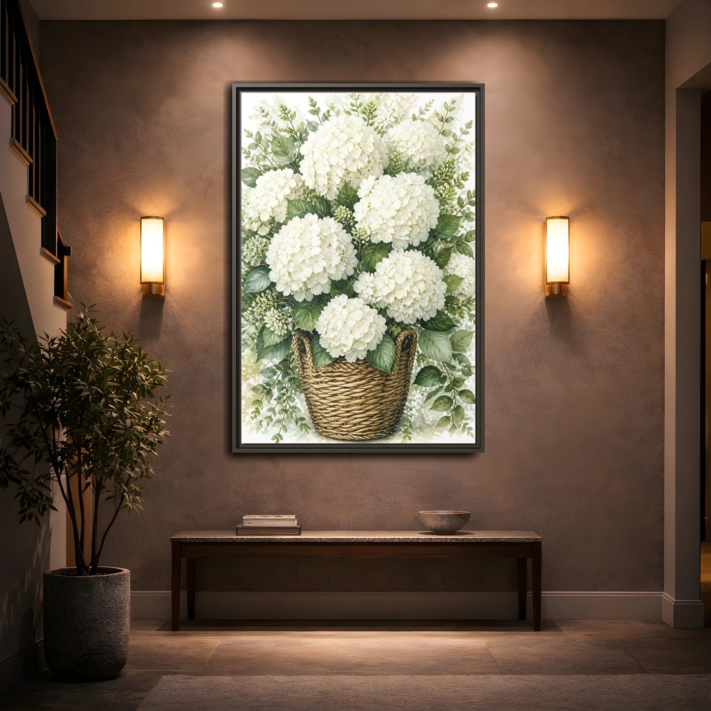 Mockup 2. Floral White Hydrangeas White Floral Basket shown as stretched canvas wall art