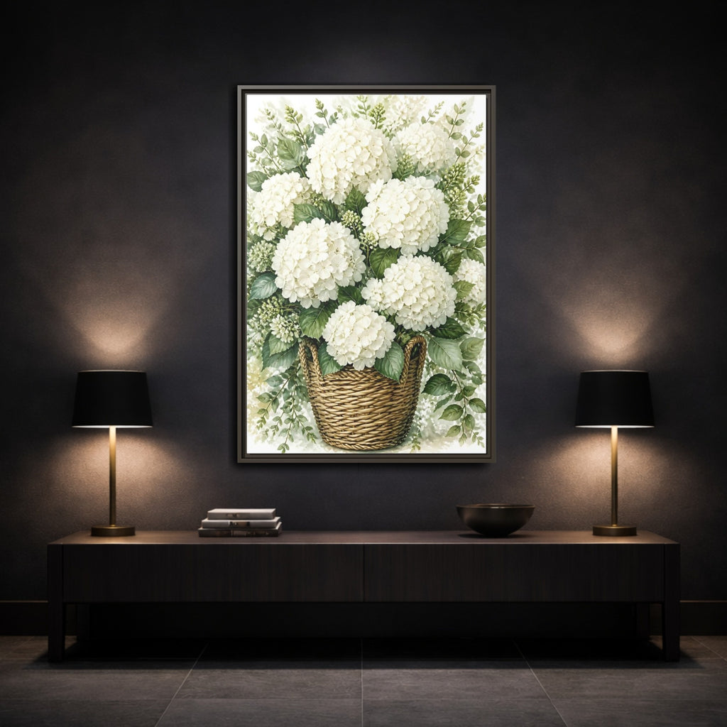 Mockup 3. Floral White Hydrangeas White Floral Basket shown as stretched canvas wall art