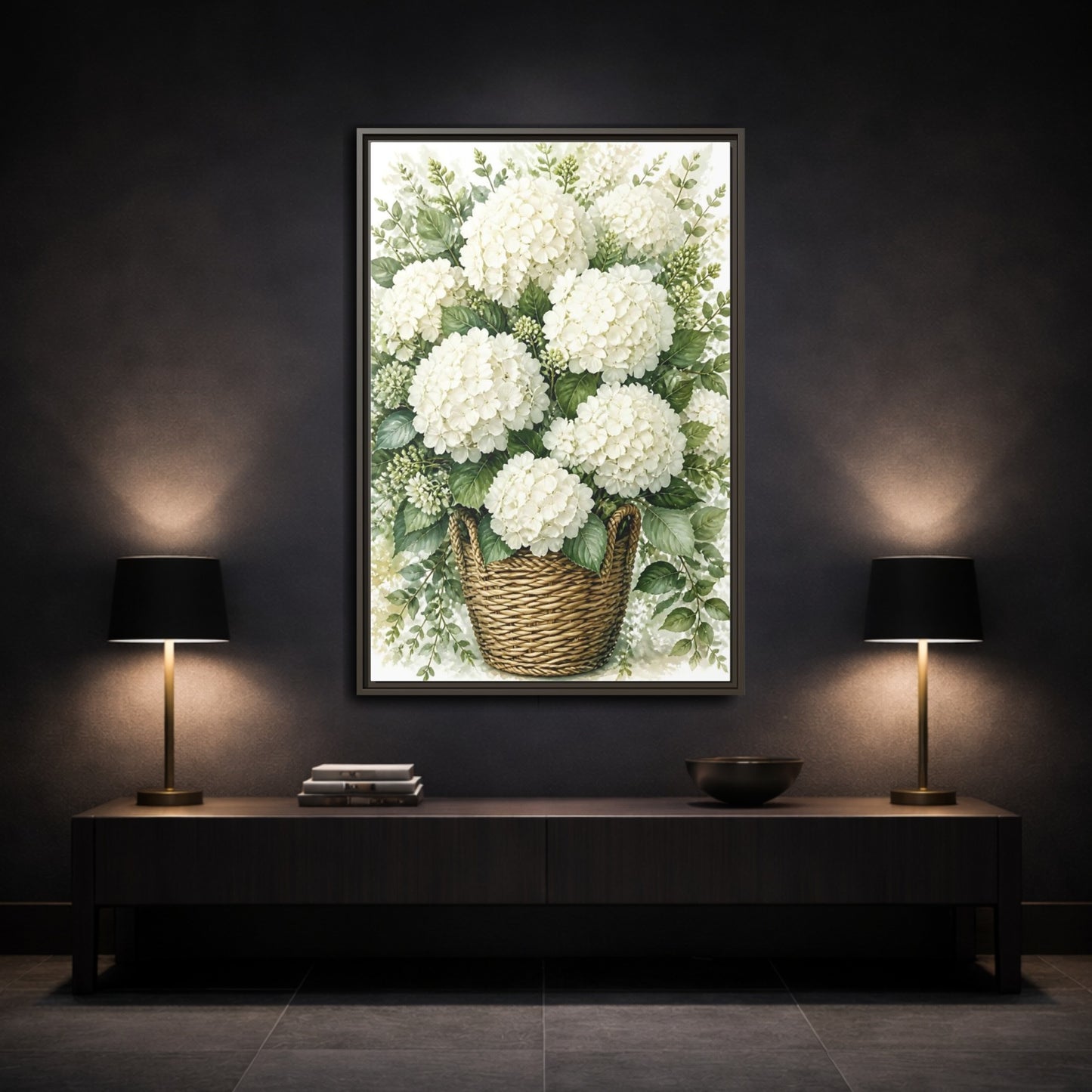 Mockup 3. Floral White Hydrangeas White Floral Basket shown as stretched canvas wall art