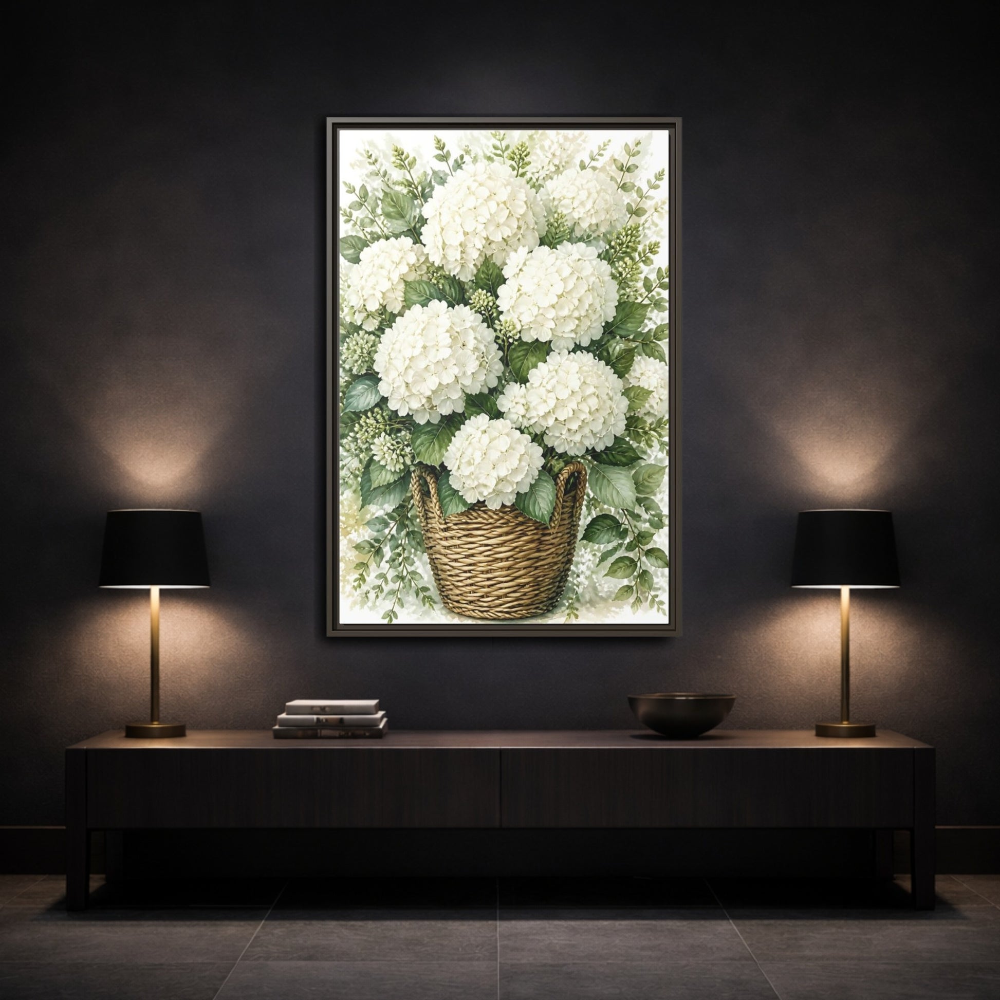 Mockup 3. Floral White Hydrangeas White Floral Basket shown as stretched canvas wall art