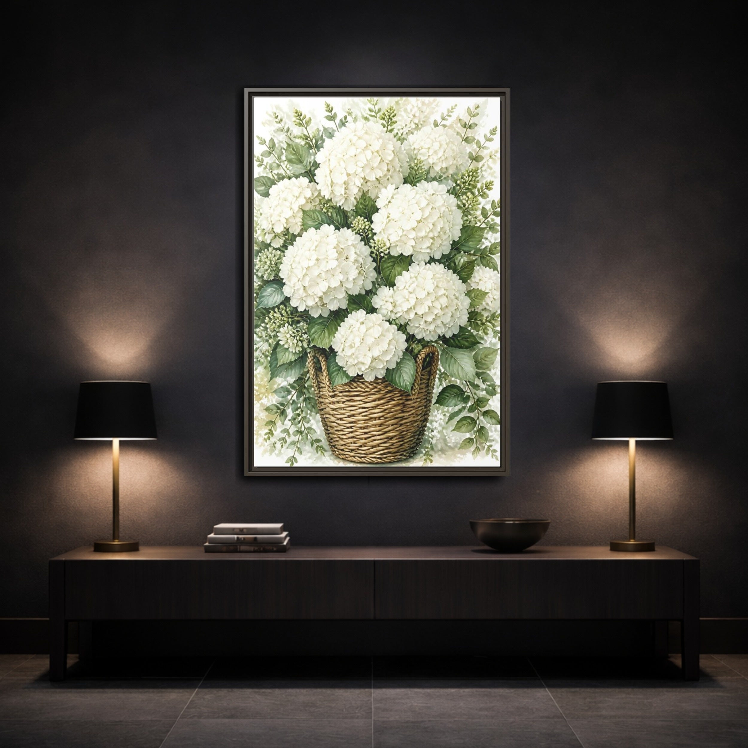 Mockup 3. Floral White Hydrangeas White Floral Basket shown as stretched canvas wall art