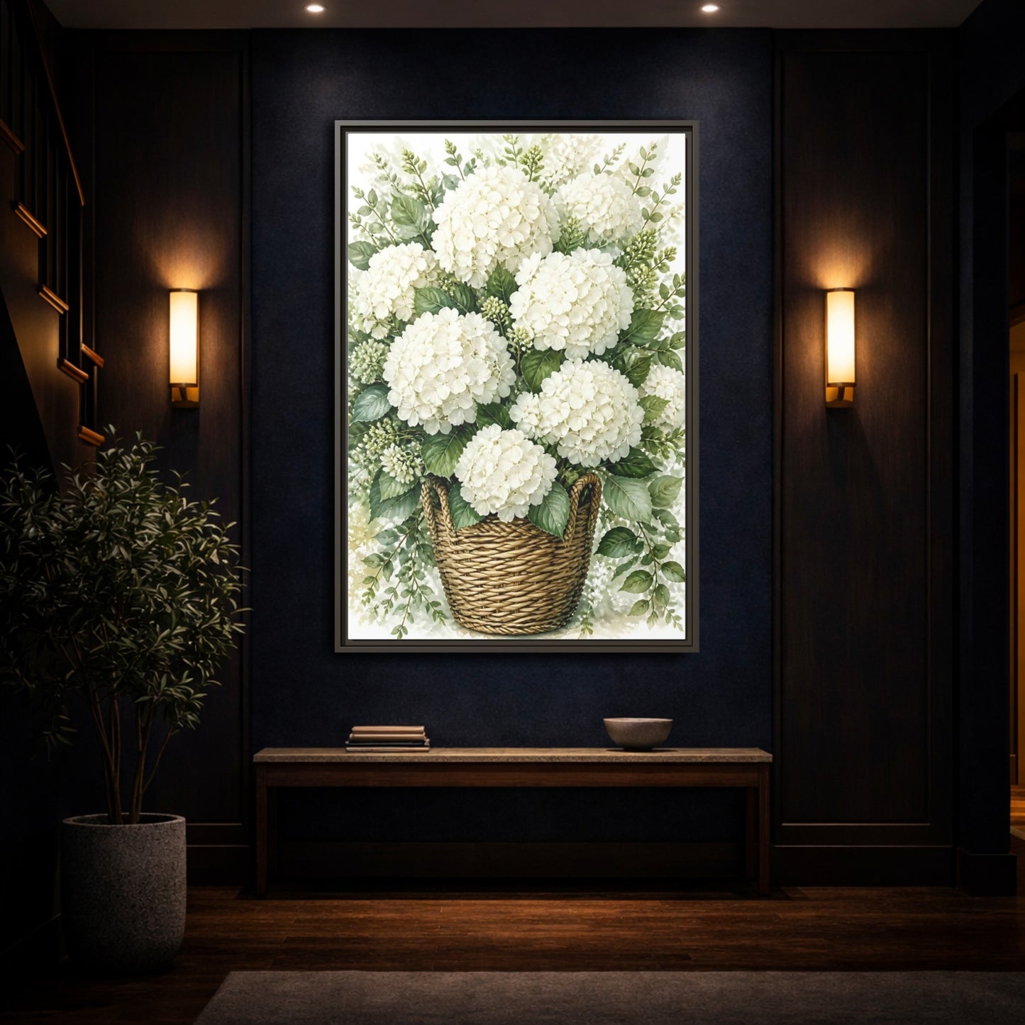 Mockup 4. Floral White Hydrangeas White Floral Basket shown as stretched canvas wall art
