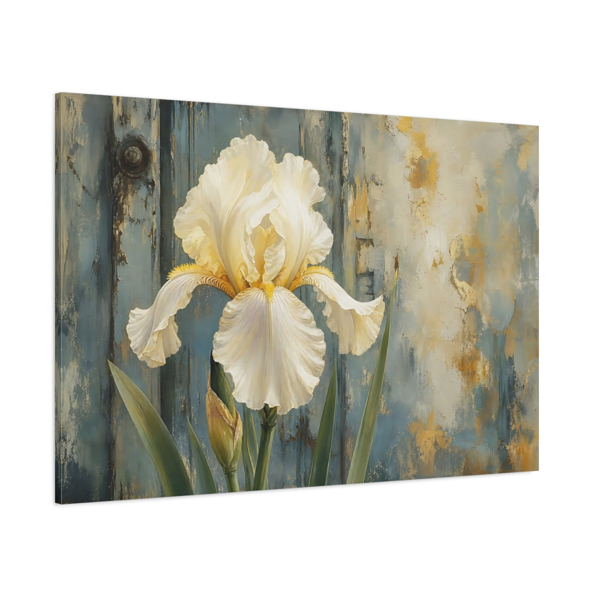 Side Mockup 1. Floral White Iris White Iris Blue Gold shown as stretched canvas wall art