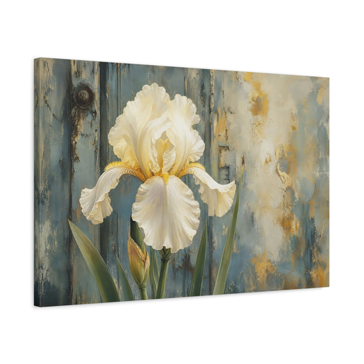 Side Mockup 2. Floral White Iris White Iris Blue Gold shown as stretched canvas wall art