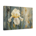 Side Mockup 4. Floral White Iris White Iris Blue Gold shown as stretched canvas wall art